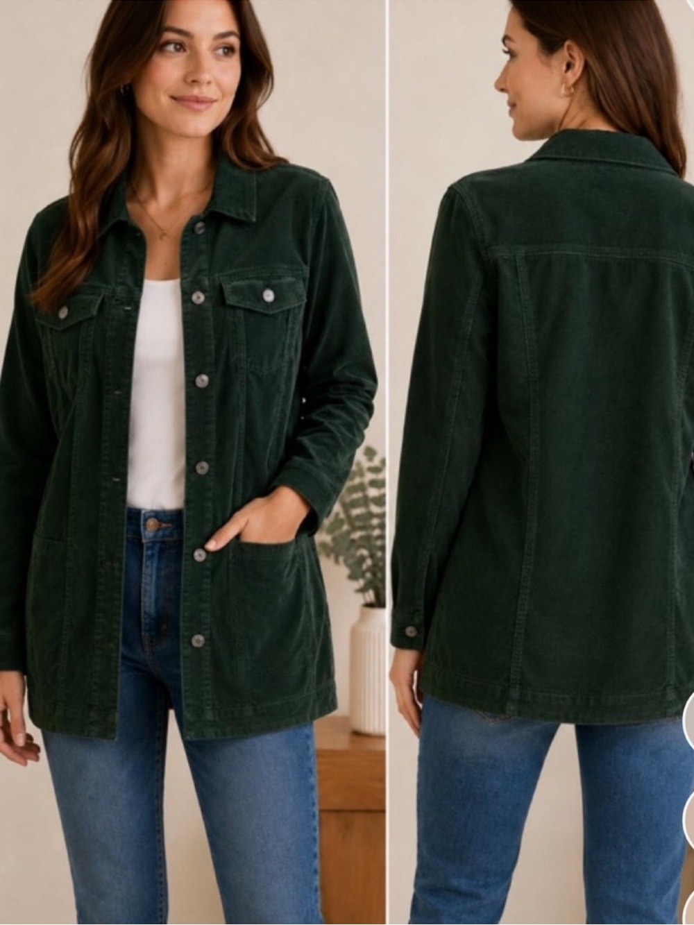 Denim & Co stretch Corduroy Shacket Forest Green size M